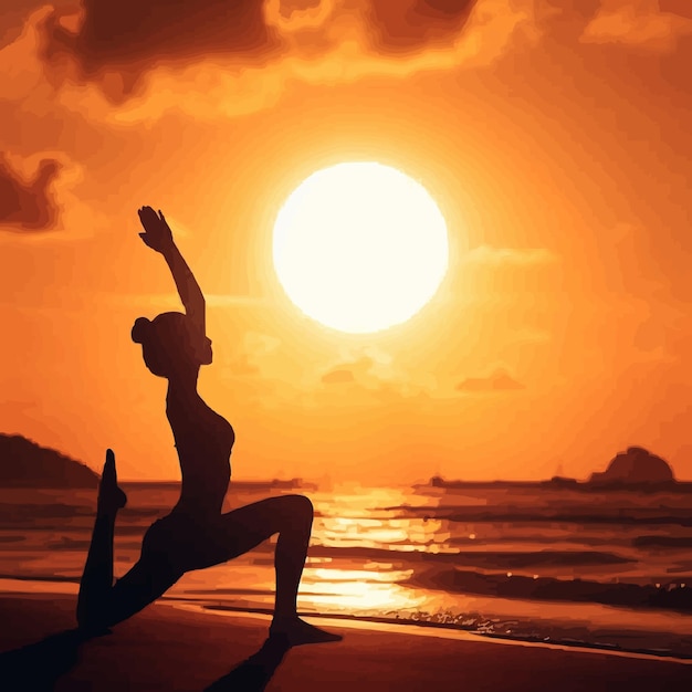 eine Frau, die bei Sonnenuntergang auf einem Strand Yoga macht