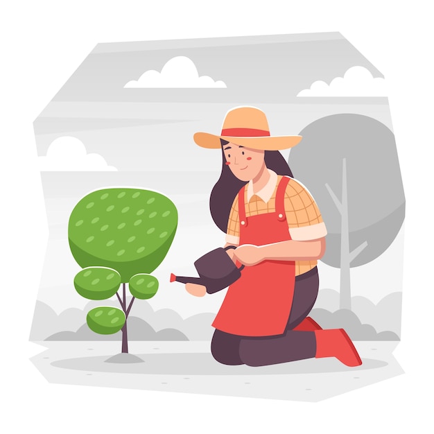 Eine Frau, die eine Pflanze im Garten bewässert