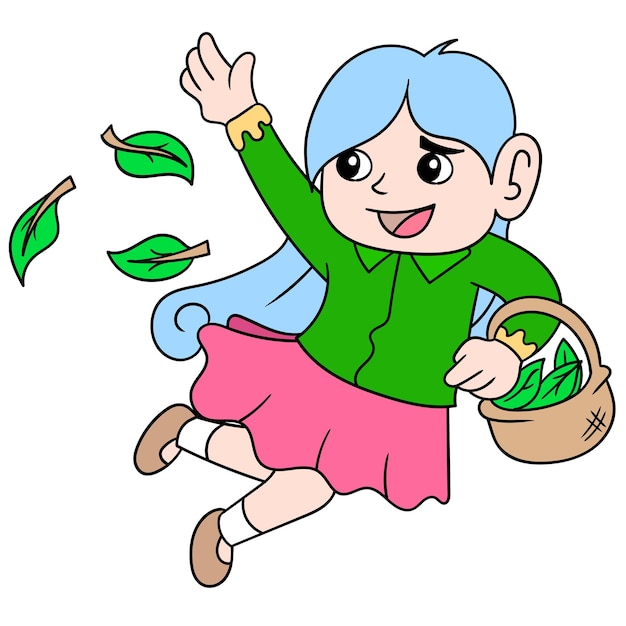 Eine frau, die glücklich läuft, besprüht blätter, während sie den frühling begrüßt, doodle draw kawaii. illustrationskunst