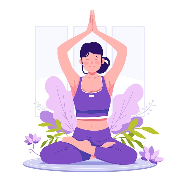 Eine frau, die yoga macht, flache illustration