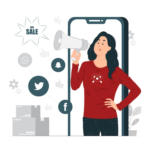 Eine frau, ein mädchen, weiblicher influencer, der mobile marketing-konzeptillustration tut