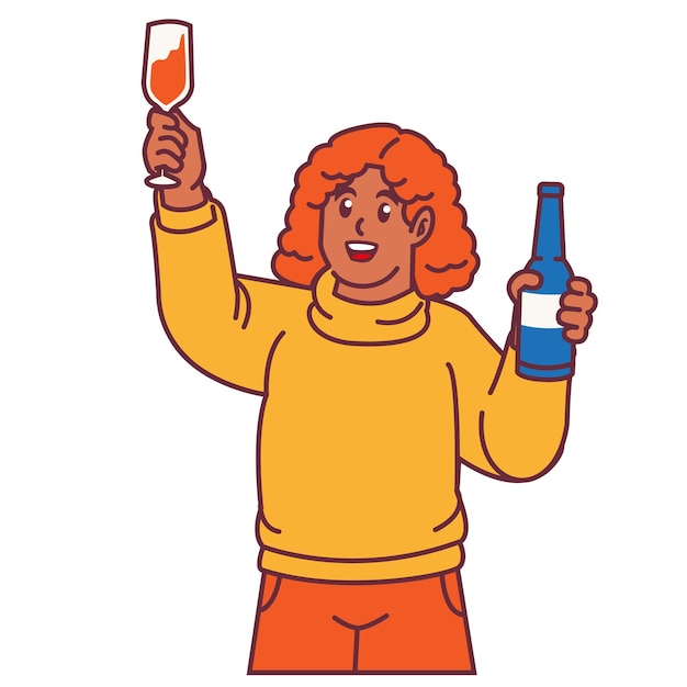 Eine Frau feiert eine Party und hält ein Glas Champagner mit Flaschen