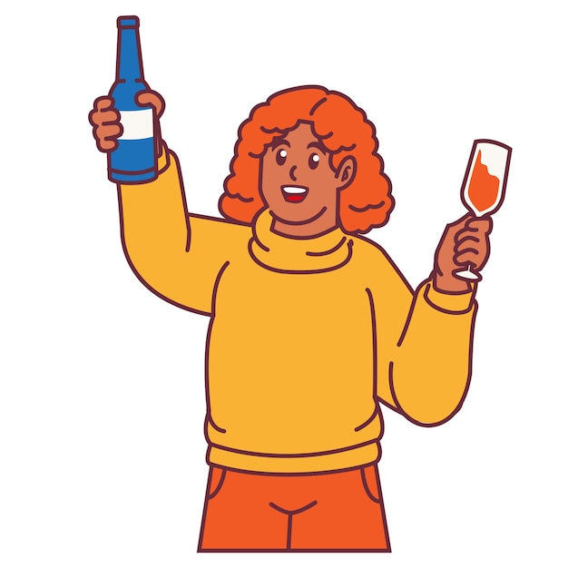 Eine Frau feiert eine Party und hält ein Glas Champagner mit Flaschen