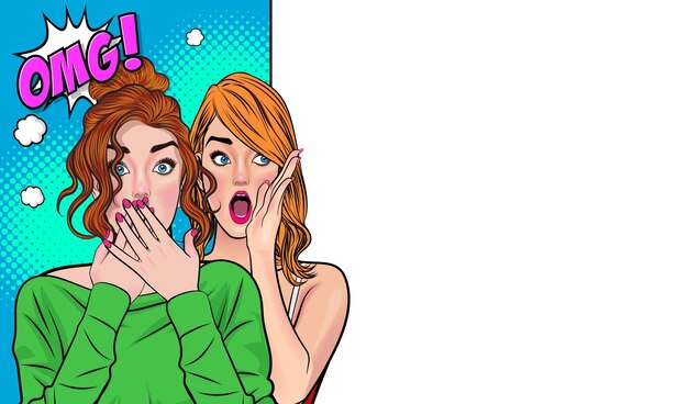 Eine Frau flüstert ihrem Freund ein Gerücht in Retro-Vintage-Pop-Art-Comic-Stil.