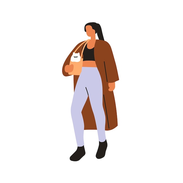 Eine Frau geht mit einer niedlichen Katze in einer Tasche im Freien mit einem entzückenden, lustigen Kätzchen Spaziergang Weibliche Figur Haustierbesitzer trägt ein Kätzchen Katzentier flache Vektorillustration isoliert auf weißem Hintergrund