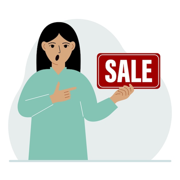 Eine Frau hält ein Banner mit dem Text Sale Zeigt mit dem Finger auf den Text Das Konzept eines Rabatts ein Sonderangebot in einem Geschäft oder einer Bank ein Werbeflyer