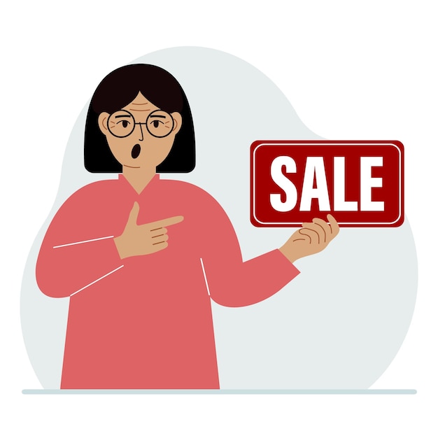 Eine Frau hält ein Banner mit dem Text Sale Zeigt mit dem Finger auf den Text Das Konzept eines Rabatts ein Sonderangebot in einem Geschäft oder einer Bank ein Werbeflyer
