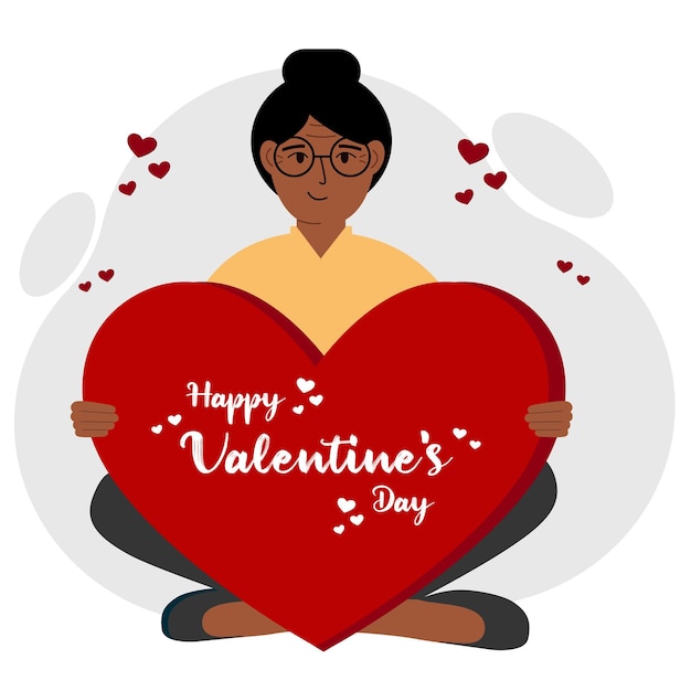 Eine Frau hält ein großes rotes Herz mit Glückwünschen zum Valentinstag