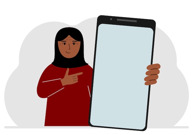 Eine Frau hält ein Modell eines großen Smartphones mit leerem Bildschirm in der Hand und zeigt mit der zweiten Hand auf den Bildschirm der flachen Vektorillustration des Telefons