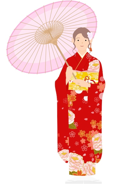 Eine Frau im Kimono, die einen langärmeligen Furisode-Kimono trägt, steht unter einem Regenschirm