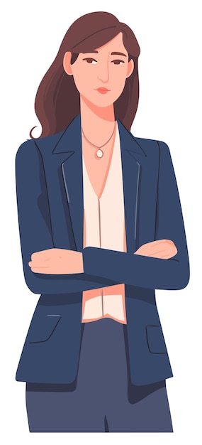 Eine Frau in einem blauen Blazer steht mit verschränkten Armen da.