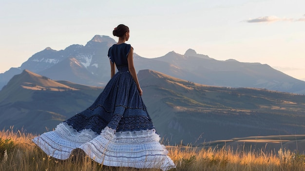 Vektor eine frau in einem langen kleid steht auf einem feld