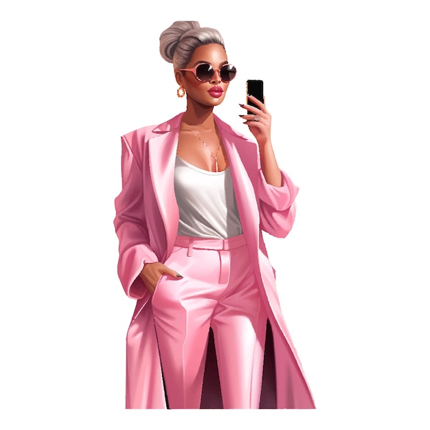 Vektor eine frau in einer rosa jacke und sonnenbrille spricht mit einem handy über eine digitale illustration