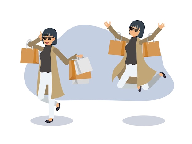 Eine frau ist glücklich mit shopping.shopping-konzept, sale.flat vector cartoon character illustration.