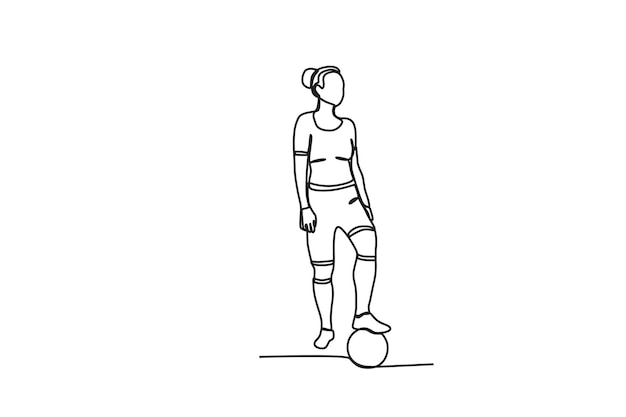 Eine frau mit einem ball zu ihren füßen. einzeilige zeichnung der frauen-weltmeisterschaft