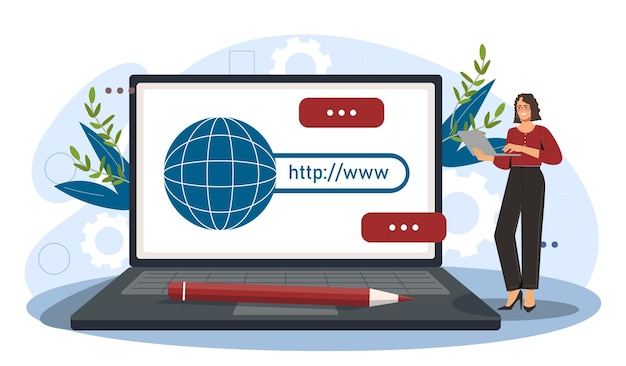 Eine Frau mit einem Laptop neben einer großen Web-Browser-Schnittstelle auf dem Laptop-Bildschirm, das Online symbolisiert