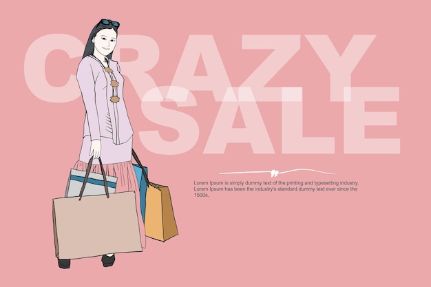 Eine Frau mit einem rosa Hintergrund, auf dem verrückter Verkauf steht.