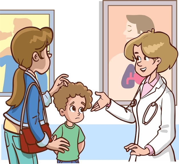 Eine Frau mit einem Stethoskop spricht mit einem Kind mit einem Stethoskop.