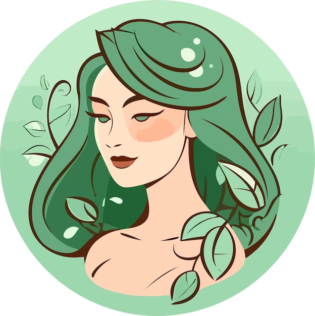 Eine Frau mit grünen Haaren und einem grünen Kreis mit Blättern um sie herum.
