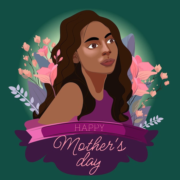 Eine Frau mit lila Hintergrund, auf der „Alles Gute zum Muttertag“ steht.