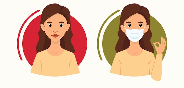 Eine frau mit und ohne medizinische maske. achtung, einlass nur mit maske. das betreten ohne maske ist nicht erlaubt.roter und grüner hintergrund. erlaubt, verboten. vektorillustration im flachen stil