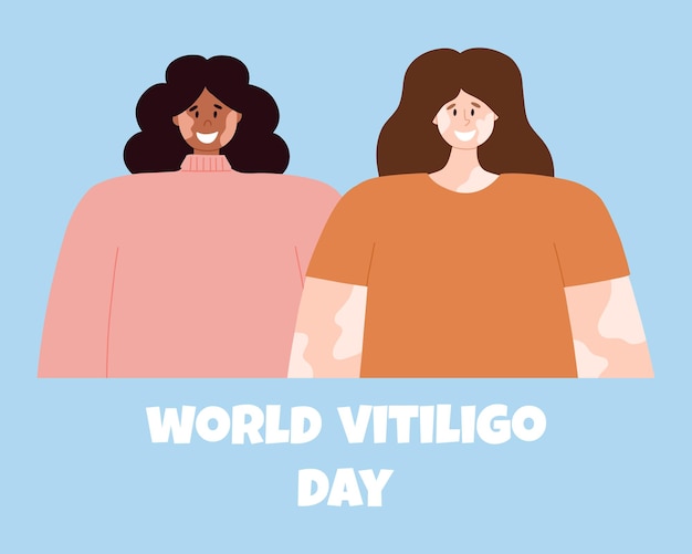 Vektor eine frau mit vitiligo-hautkrankheit akzeptiert ihr aussehen, liebt sich selbst. illustration zum welt-vitiligo-tag. poster mit einem glücklichen mädchen mit vitiligo
