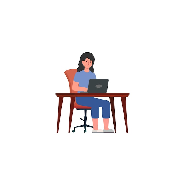 eine Frau sitzt an einem Schreibtisch mit einem Laptop im Schoß