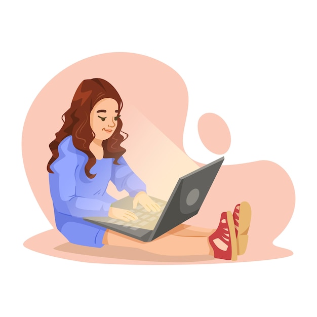 Eine Frau sitzt auf dem Boden mit einer Laptop-Vektorillustration