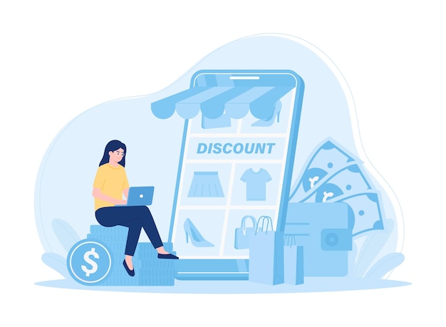 Eine Frau sitzt auf Münzen und shops online Konzept flache Illustration