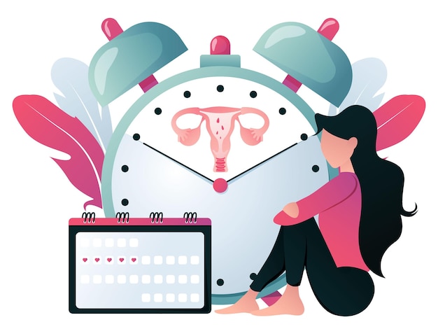Eine Frau sitzt neben einer Uhr mit dem Wort Uterus darauf.