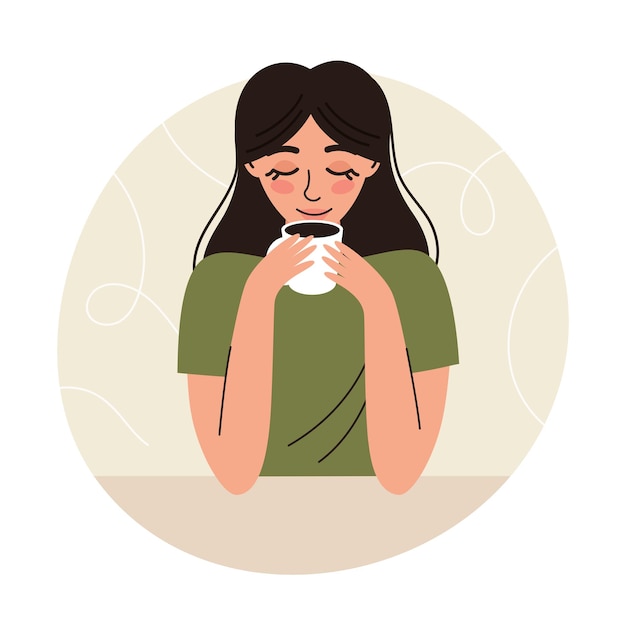 Eine Frau trinkt Kaffee in der Morgenroutine, eine Frau in einem Café, flache Vektor-Cartoon-Illustration