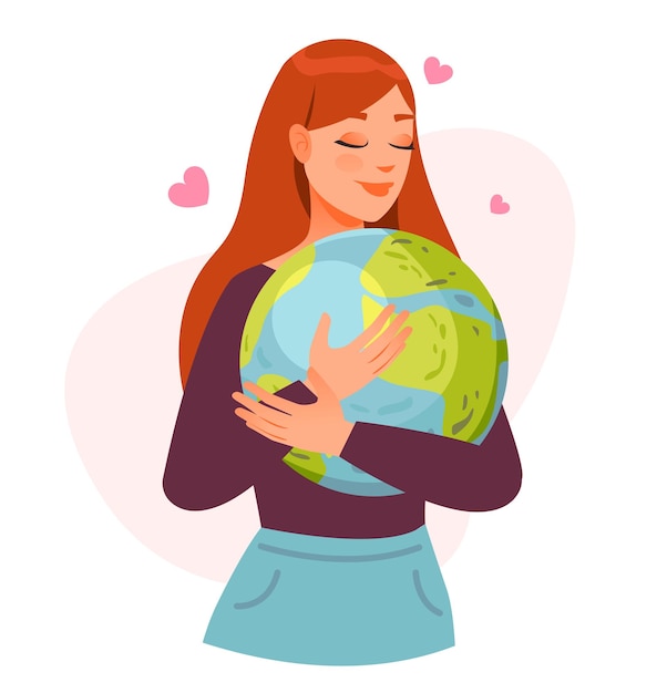 Eine Frau umarmt den Planeten Erde. Ökologiekonzept. Rettet die Erde. Cartoon-Vektorillustration
