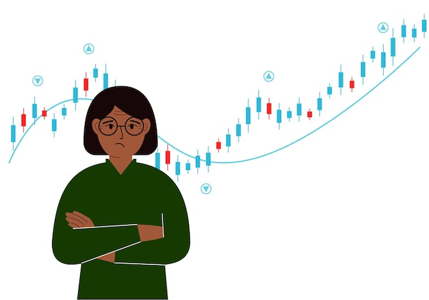 Eine frau vor dem hintergrund eines forex-charts konzeptionelle illustration zum thema strategische planung im börsenhandel