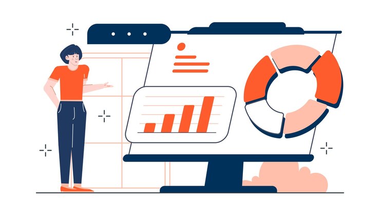 Vektor eine geschäftsfrau präsentiert mit diagramm und diagramm eine geschäftserhöhung