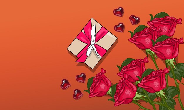 Eine geschenkbox mit wunderschönen roten rosen und rotem liebesschmuck