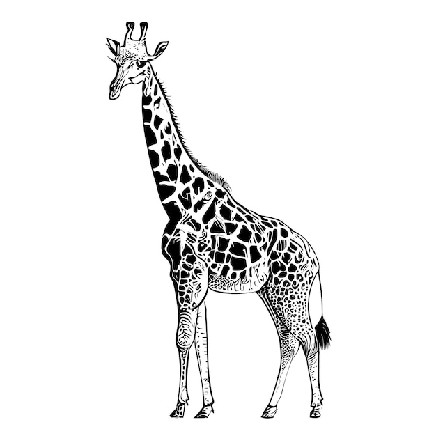 Vektor eine giraffe mit langem hals und langem hals steht vor einem weißen hintergrund.