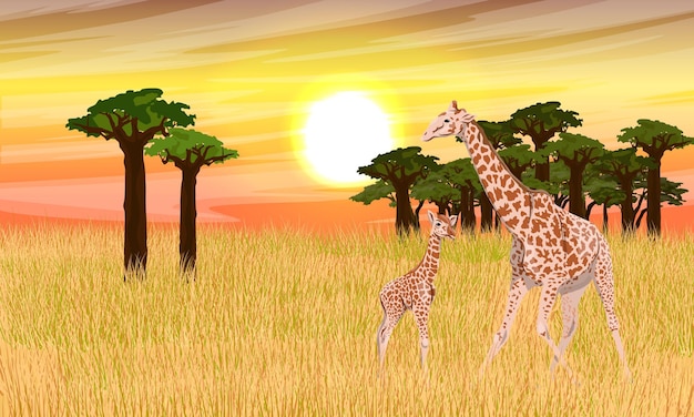 Eine Giraffenfamilie und ihr Junges in der afrikanischen Savanne in der Nähe des Affenbrotbaumhains bei Sonnenuntergang