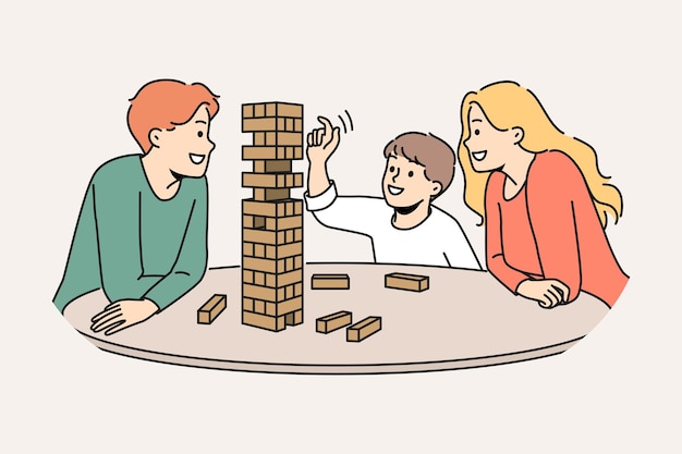 Eine glückliche familie spielt jenga mit dem kind, genießt brettspiele und entwickelt die feinmotorik des babys