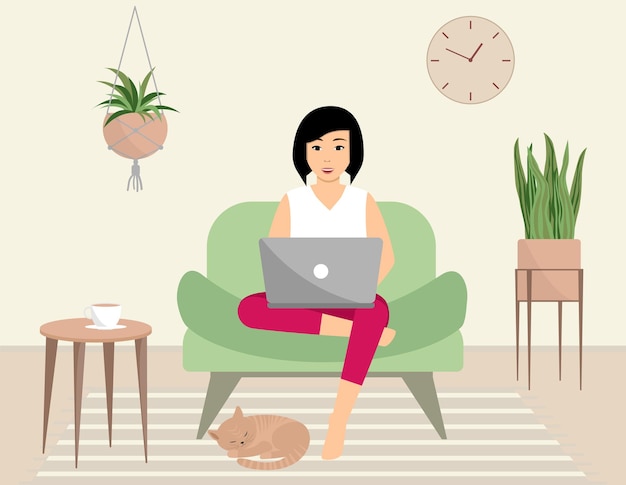 Eine glückliche Frau sitzt auf einem Stuhl zu Hause mit einem Laptop und einer Katze Flache Vektorgrafik