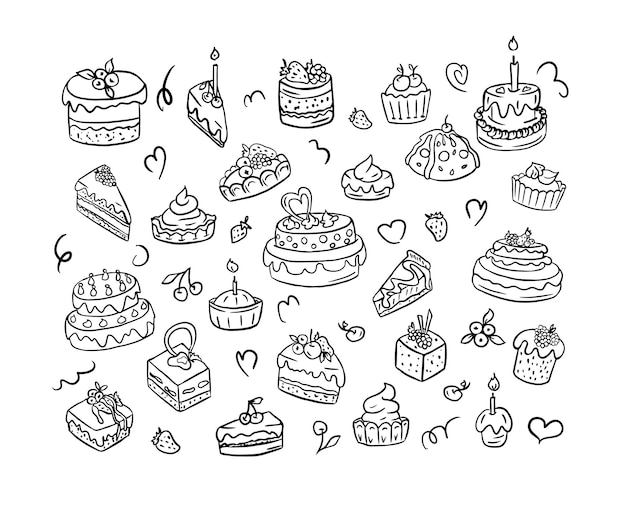 Eine große Auswahl an Desserts, Kuchen, Torten und Gebäck, gezeichnet in DoodleVector Illustration