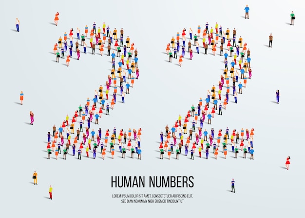 Eine große Gruppe von Menschen bildet sich, um Nummer 22 oder zweiundzwanzig zu schaffen. Personen Schriftart oder Nummer.