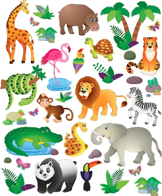 eine große Sammlung lustiger afrikanischer Tiere. Urwald. Vektor-Illustration