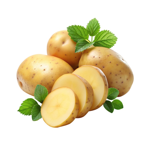eine Gruppe geschnittener Kartoffeln mit einem grünen Blatt oben
