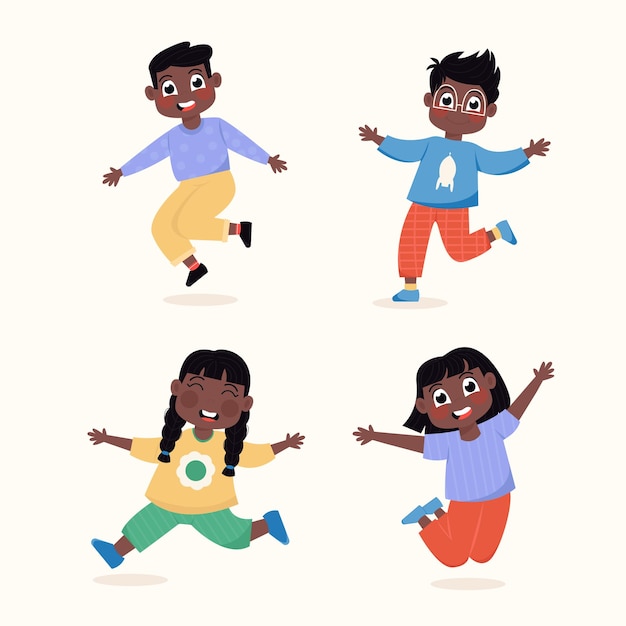 Vektor eine gruppe glücklicher afroamerikanischer kinder, mädchen und jungen, die in verschiedenen posen stehen und flach springen