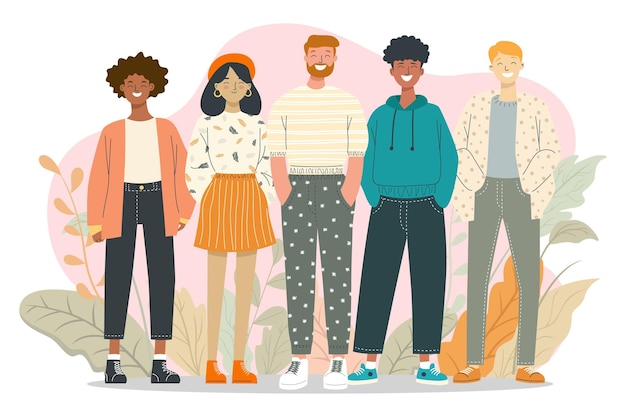 Eine Gruppe glücklicher und vielfältiger Menschen, die zusammen stehen, lächeln und Einheit und Freundschaft feiern