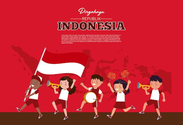 Eine gruppe indonesischer kinder spielt musik und einer von ihnen hält eine indonesische flagge.