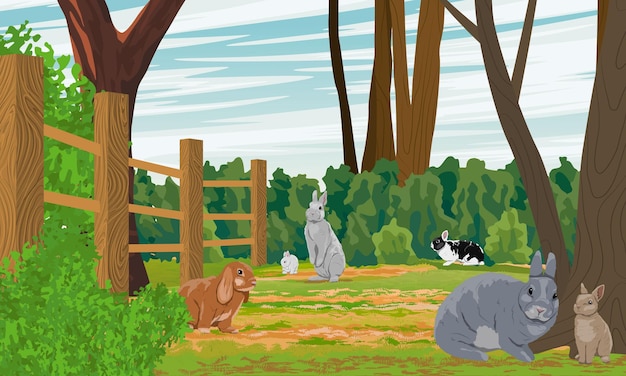 Eine gruppe kaninchen sitzt in einem hinterhof mit zaun und bäumen landwirtschaft und haustiere