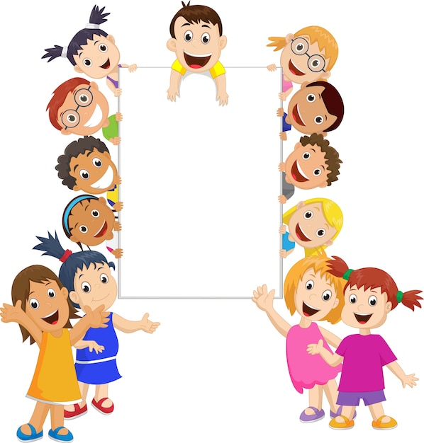 eine Gruppe Kinder, die ein leeres Zeichen halten und zeigen