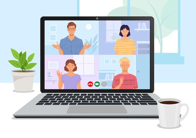 Vektor eine gruppe von freunden trifft sich und chattet über eine videokonferenz mit einem laptop.