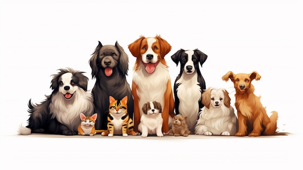 Vektor eine gruppe von hunden und katzen stehen zusammen, von denen einer ein hund namens katze ist